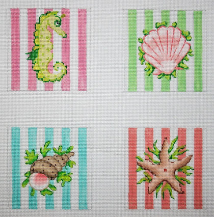 Kate Dickerson Needlepoint Collections Sea Creatures on Pastel Cabana Stripes Coaster Inserts Needlepoint Canvas - The Flying Needles