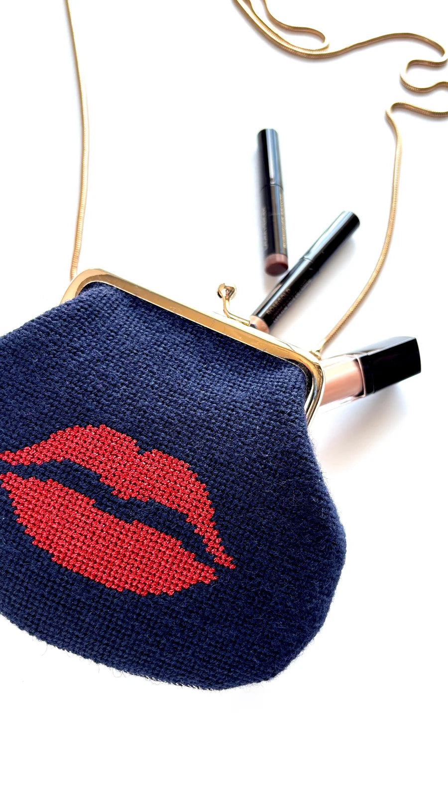 Lips Kiss Lock Bag Needlepoint Canvas - red and navy blue