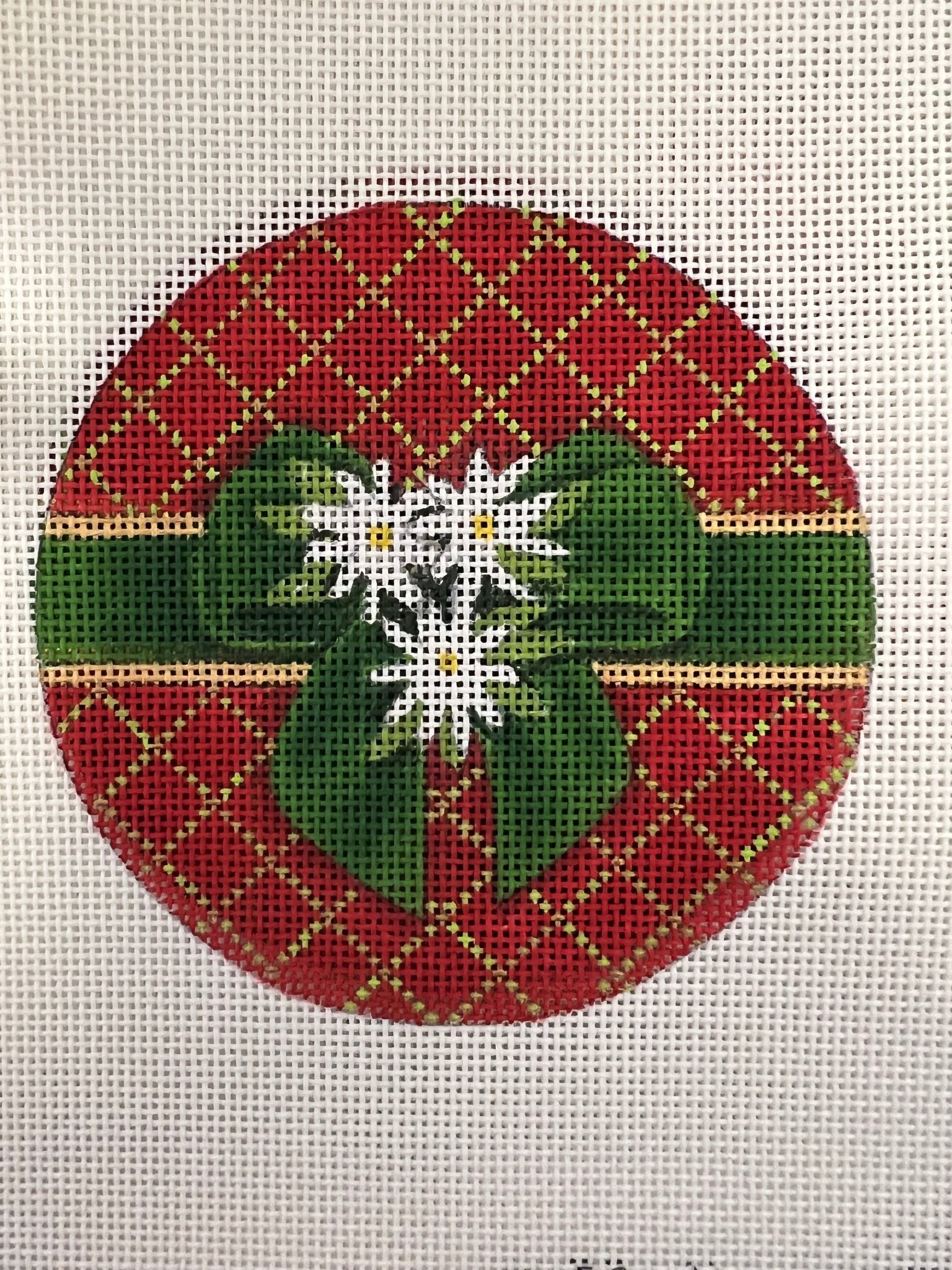 Red Ornament w/3 White Poinsettias - The Flying Needles